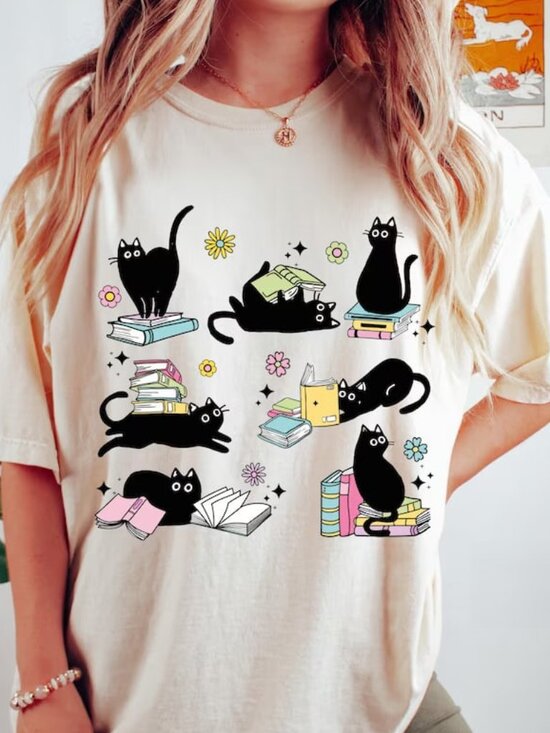 Tops - Graphic Cat And Book Shirt, Reading Tee, Cat And Book Lover Shirt